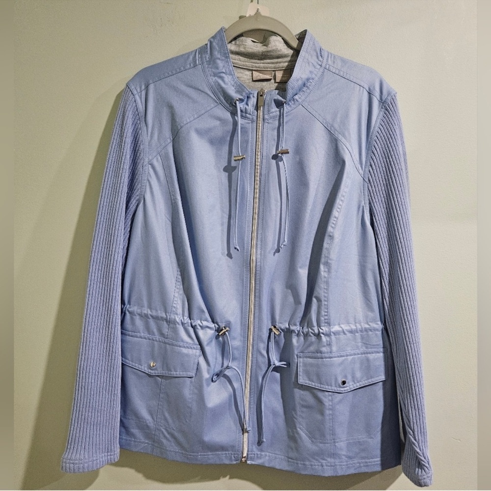 NWT Chico’s Zenergy Light Blue Mixed Media Jacket, Size 16/18* - Picture 2 of 6